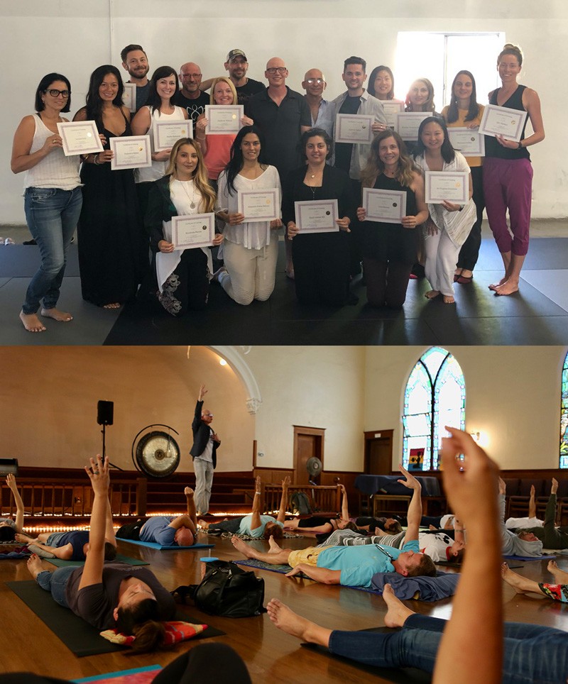 Breathwork Training Best In Person Breathwork Teacher Training - woman laying down with her eyes closed doing breathwork with an instructor